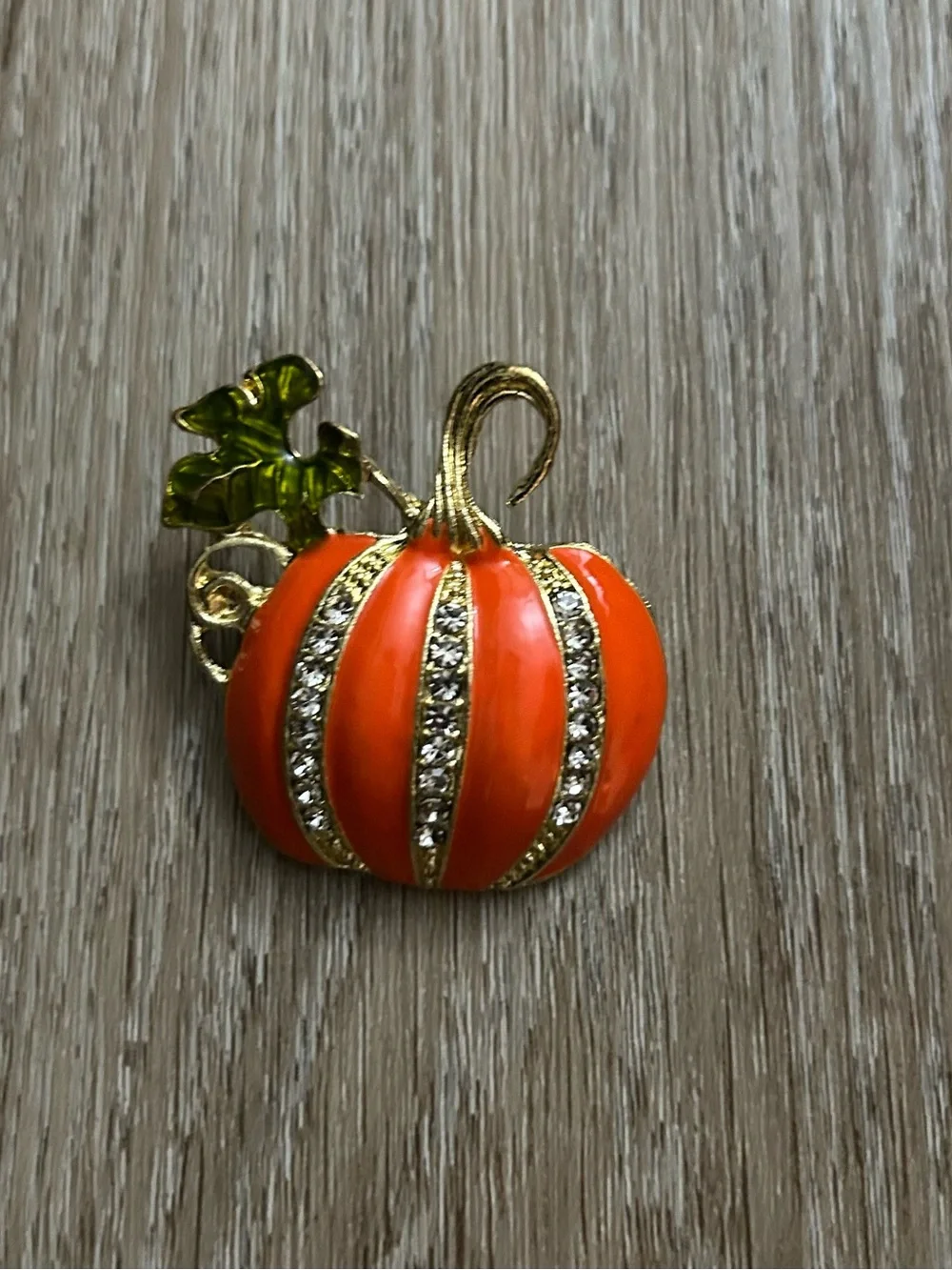 Orange Pumpkin Brooch with Green Leaf Accent